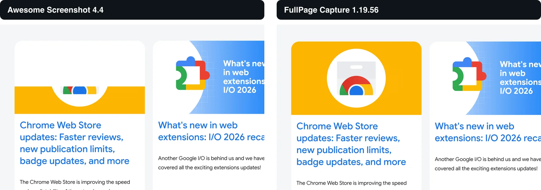 2つのキャプチャに写った developer.chrome.com の同じカード。左ではカードの画像が黄色い背景に細いロゴの切れ端だけで、アニメーションの途中で撮られている。右では白い円の中にロゴ全体が写っている。