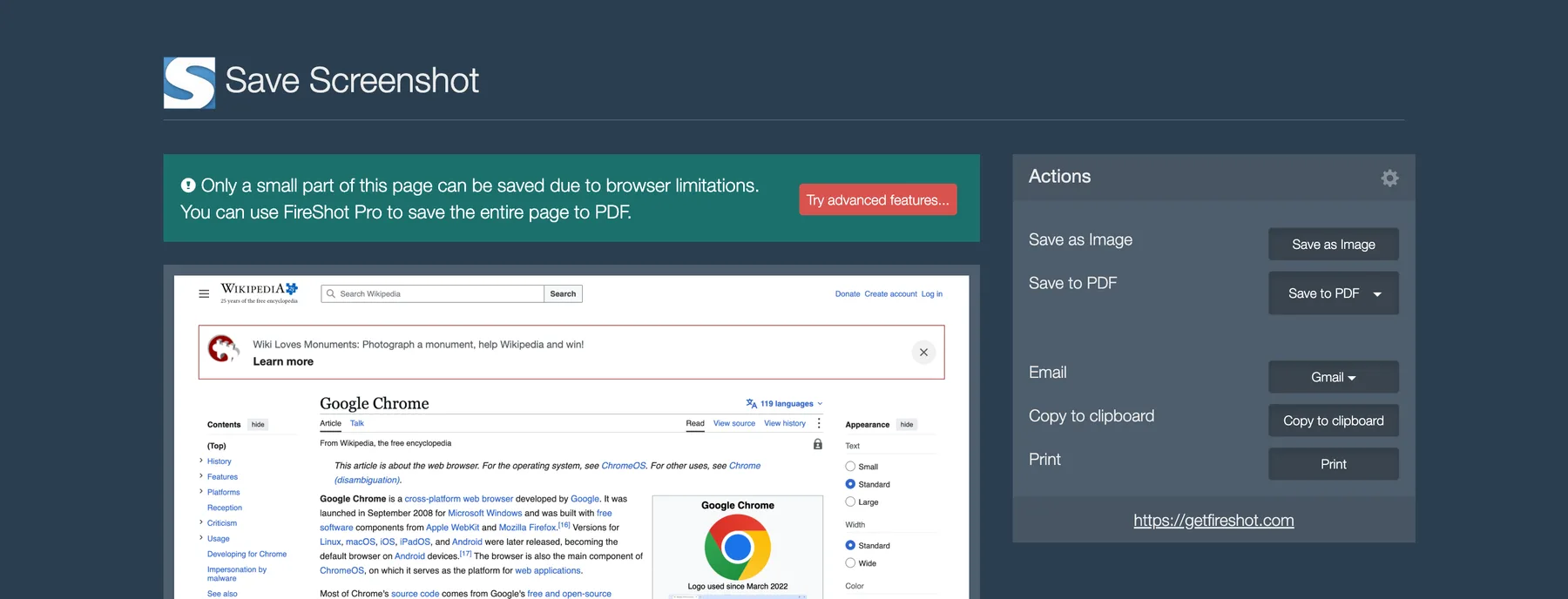 Wikipedia の Google Chrome の記事をキャプチャした後の FireShot の結果ページ。記事の上部の上に、「Only a small part of this page can be saved due to browser limitations. You can use FireShot Pro to save the entire page to PDF」という緑色の通知と「Try advanced features」ボタンが表示されている。