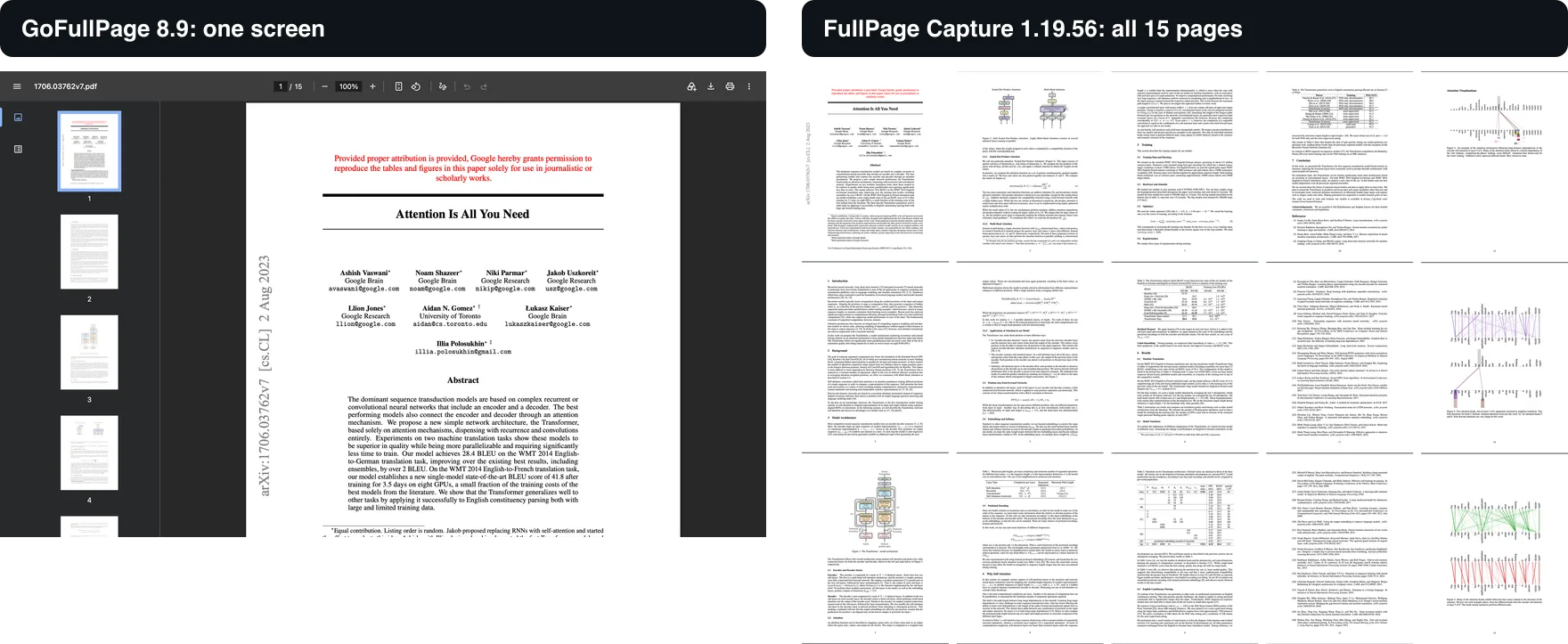 左邊是 GoFullPage 擷取在 Chrome 中開啟的 PDF：只有 PDF 檢視器的一個畫面，包含縮圖列和第一頁。右邊是 FullPage Capture 的檔案：論文全部十五頁，切成五條並排顯示。