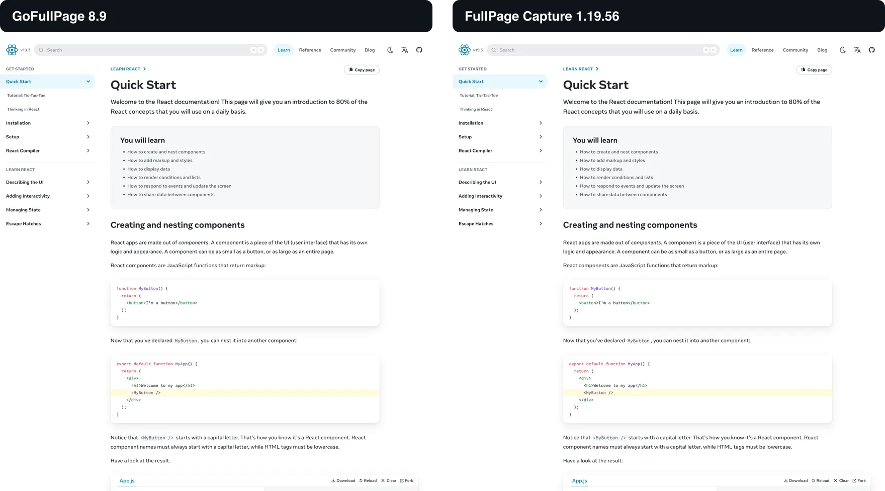 左邊是 GoFullPage、右邊是 FullPage Capture 擷取的 react.dev/learn 頂端；兩張圖完全相同，頁首和側邊欄都只出現一次。