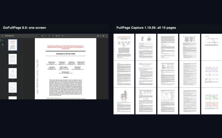 Chrome에서 연 PDF를 GoFullPage는 한 화면만, FullPage Capture는 15쪽 전체를 캡처한 모습