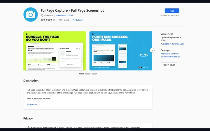 Microsoft Edge 추가 기능의 FullPage Capture 페이지