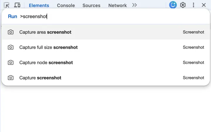스크린샷 명령 네 가지가 표시된 Chrome 개발자 도구의 명령 메뉴