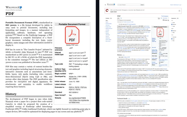 같은 문서를 Chrome의 PDF로 인쇄한 페이지와 확장 프로그램의 PDF 페이지를 나란히 놓은 모습