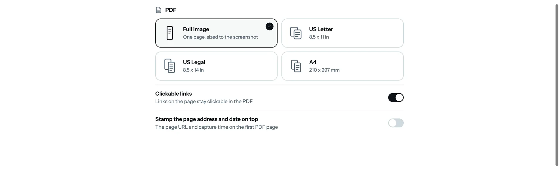 拡張機能の設定の PDF セクション（英語表示）。「Full image」（選択中）、「US Letter」、「US Legal」、「A4」の4つのタイル、その下に「Clickable links」のスイッチ（オン）と「Stamp the page address and date on top」のスイッチ（オフ）。