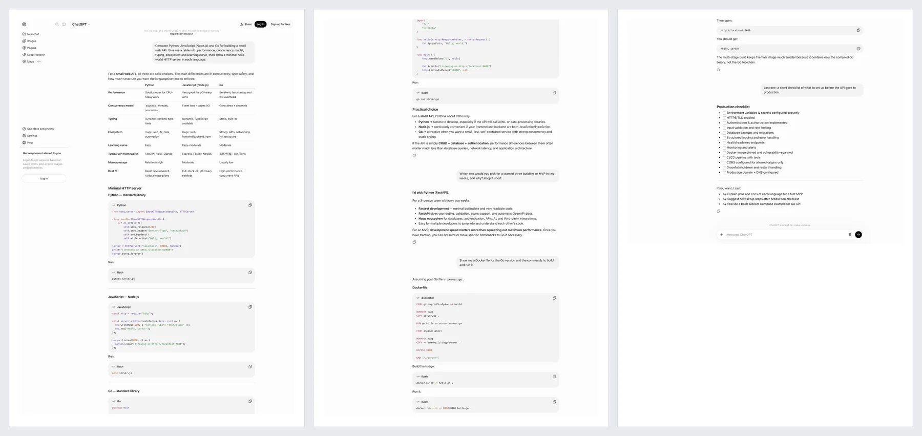 The extension's PDF of the conversation: three A4 pages side by side, the comparison table and Python server on the first, the Go server, the recommendation and the Dockerfile on the second, the run commands and the checklist on the third.