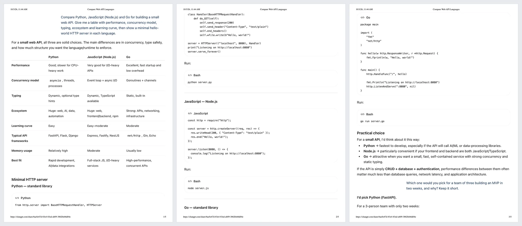 The first three pages of Chrome's Print to PDF of the shared chat: the question as plain blue text, the comparison table, then the Python, Node.js and Go code blocks in black and white, with the date and the share link in the page header and footer.