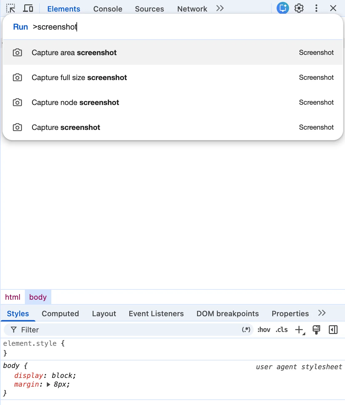 오른쪽에 도킹된 Chrome 개발자 도구에 명령 메뉴가 열려 있습니다. 검색어는 ‘screenshot’이고 Capture area screenshot, Capture full size screenshot, Capture node screenshot, Capture screenshot 네 가지 명령이 보입니다.
