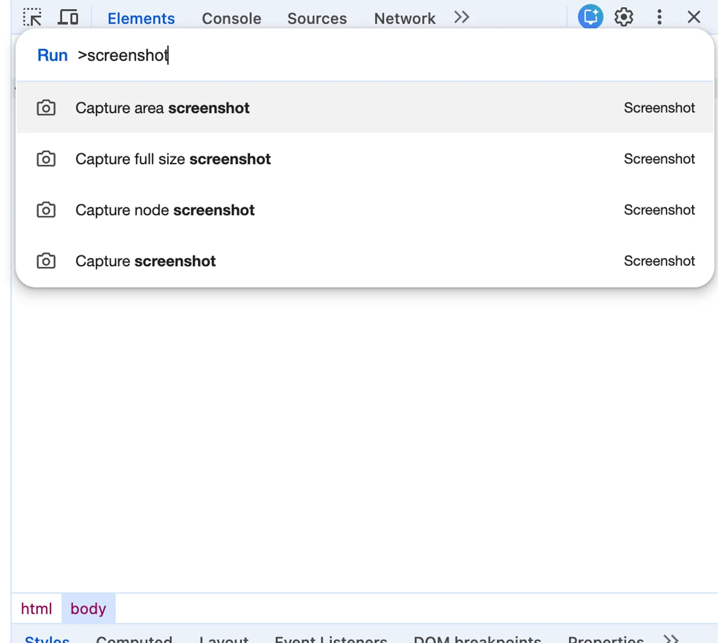 오른쪽에 도킹된 Chrome 개발자 도구에 명령 메뉴가 열려 있습니다. 검색어는 ‘screenshot’이고 Capture area screenshot, Capture full size screenshot, Capture node screenshot, Capture screenshot 네 가지 명령이 보입니다.