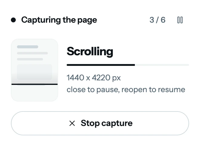 擷取中的 FullPage Capture 彈出視窗：「Capturing the page」、6 個畫面中的第 3 個、標示 Scrolling 的進度列、尺寸 1440×4220 像素，以及「Stop capture」（停止擷取）按鈕。