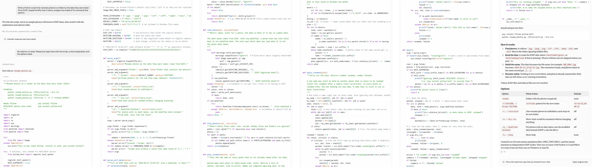 A whole Claude conversation captured in one image and cut into six strips: the request, an interrupted first answer, the follow-up, a 300-line Python script in a code block, then how it works, the options table and the note at the end of the shared page.