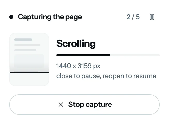 캡처 중인 FullPage Capture 팝업. ‘Capturing the page’, 6개 중 3번째 프레임, Scrolling이라고 적힌 진행 막대, 페이지 크기 1440×3159픽셀, Stop capture 버튼이 보입니다.