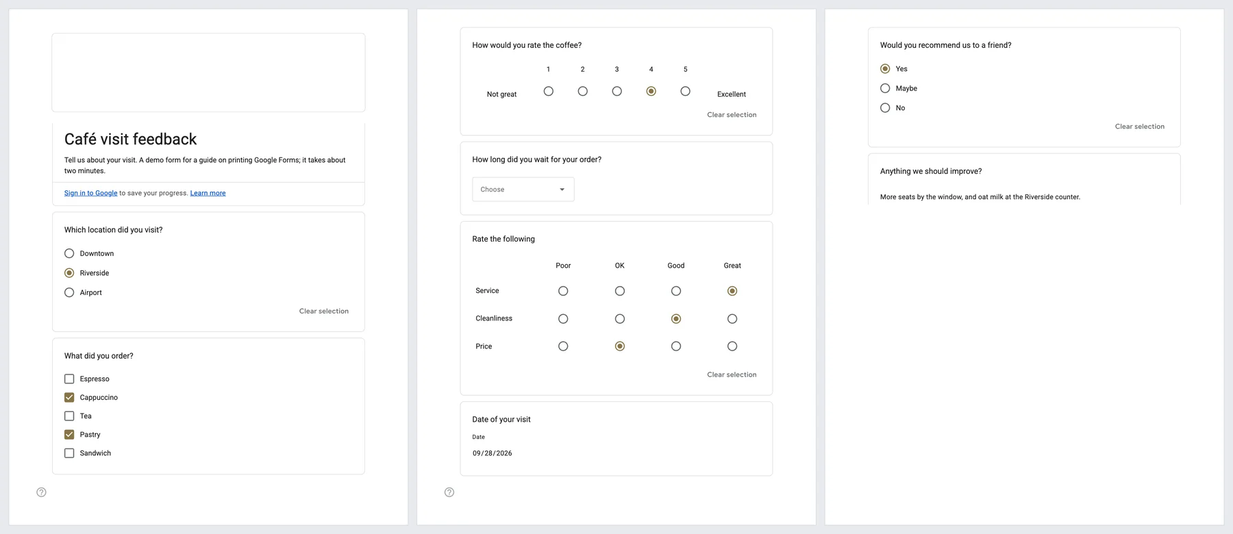 Chrome's Print to PDF of the filled-in form, first three pages: an empty frame where the header photo was, then the questions with their answers marked, spread over three pages.