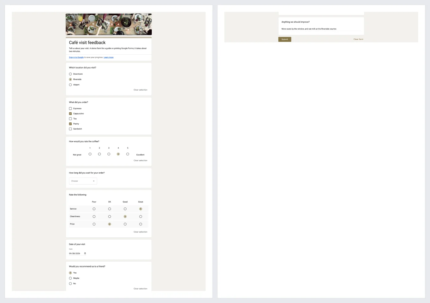 The extension's A4 PDF of the same filled-in form: the first page holds the header photo and seven questions with their answers, the second the written suggestion and the Submit button.