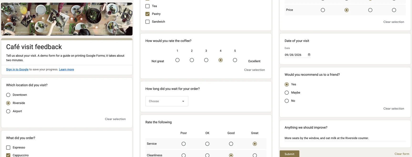 A filled-in Google Form captured whole and cut into three strips: the header photo of a café table and the title, the location, order and coffee-rating answers, the wait-time dropdown and the rating grid, then the date, the recommendation and a written suggestion above the Submit button.
