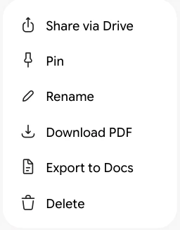 Gemini's conversation menu with six items: Share via Drive, Pin, Rename, Download PDF, Export to Docs and Delete.