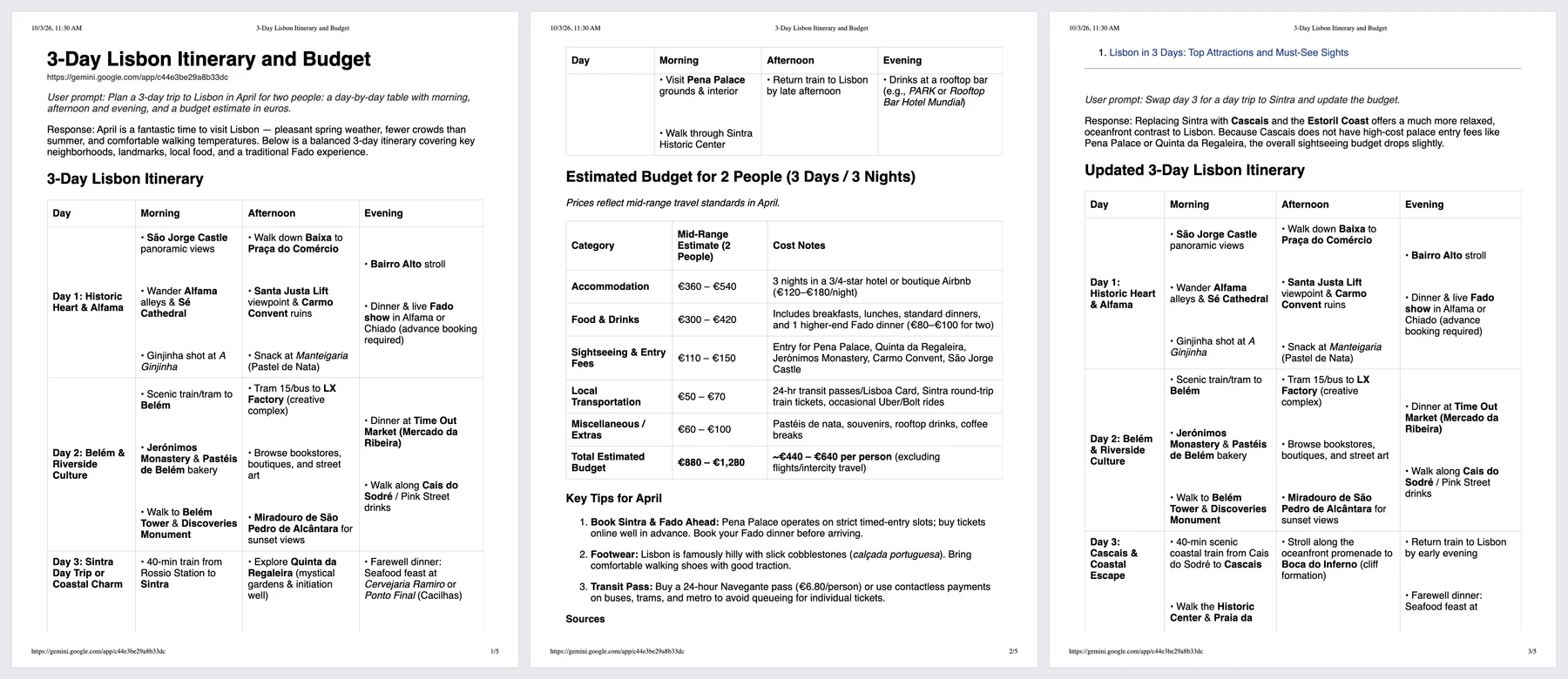 The first three pages of the PDF Gemini's Download PDF made from a three-turn chat about a trip to Lisbon: the title, the link, the user prompt in italics, the response with a day-by-day itinerary table and a budget table.