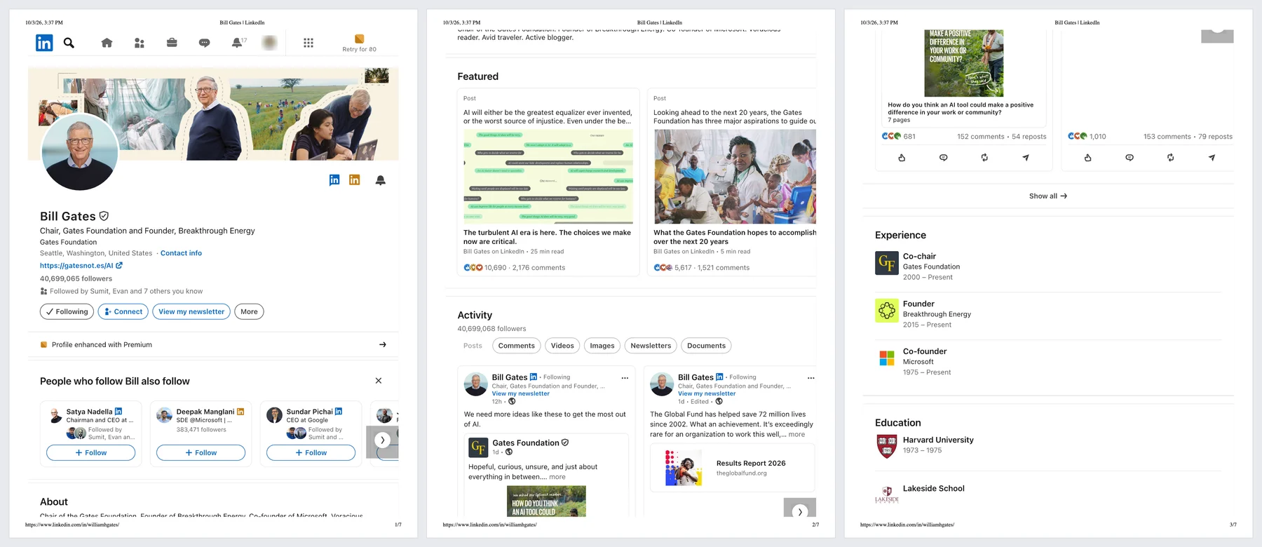 The first three pages of Chrome's Print to PDF of the same LinkedIn profile: the banner, headline and suggestions on the first, Featured and Activity on the second, Activity, Experience and Education on the third.