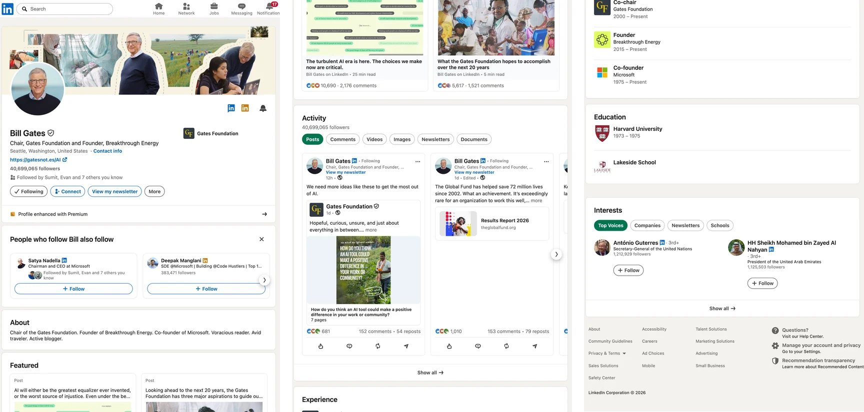Bill Gates's public LinkedIn profile captured in one image and cut into three strips: the banner and headline, People who follow Bill also follow, About, Featured posts, Activity, then Experience, Education and Interests.