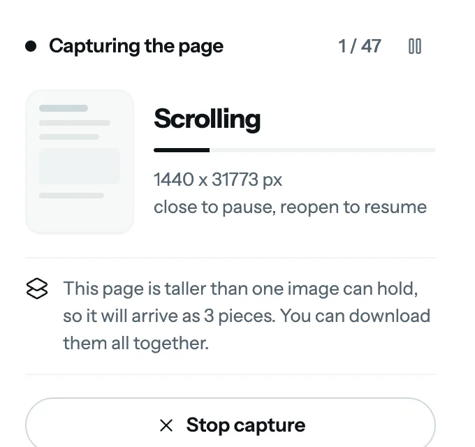캡처 중인 FullPage Capture 팝업. ‘Capturing the page’, 47개 중 1번째 프레임, Scrolling이라고 적힌 진행 막대, 페이지 크기 1440×31773픽셀, 그리고 페이지가 이미지 한 장에 담기에는 너무 길어 3조각으로 나뉜다는 안내가 보입니다.