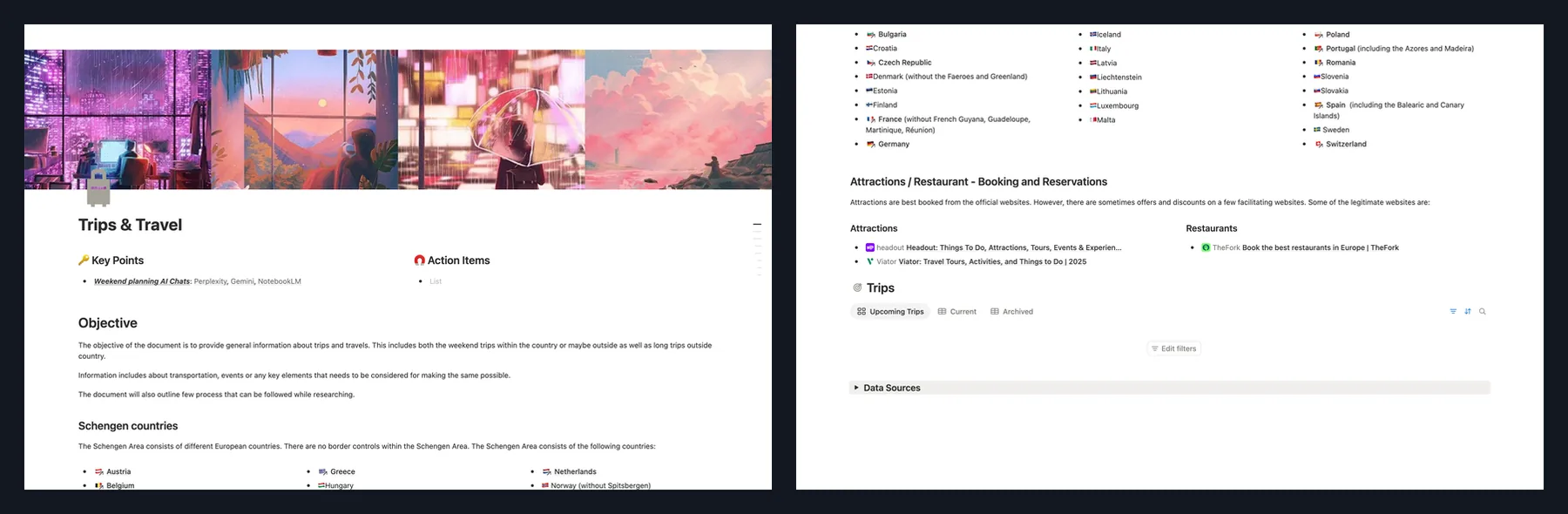 The whole Notion page as one image, in two strips: the cover and objective, the Schengen countries in three columns, attractions and restaurants, and the trips database.