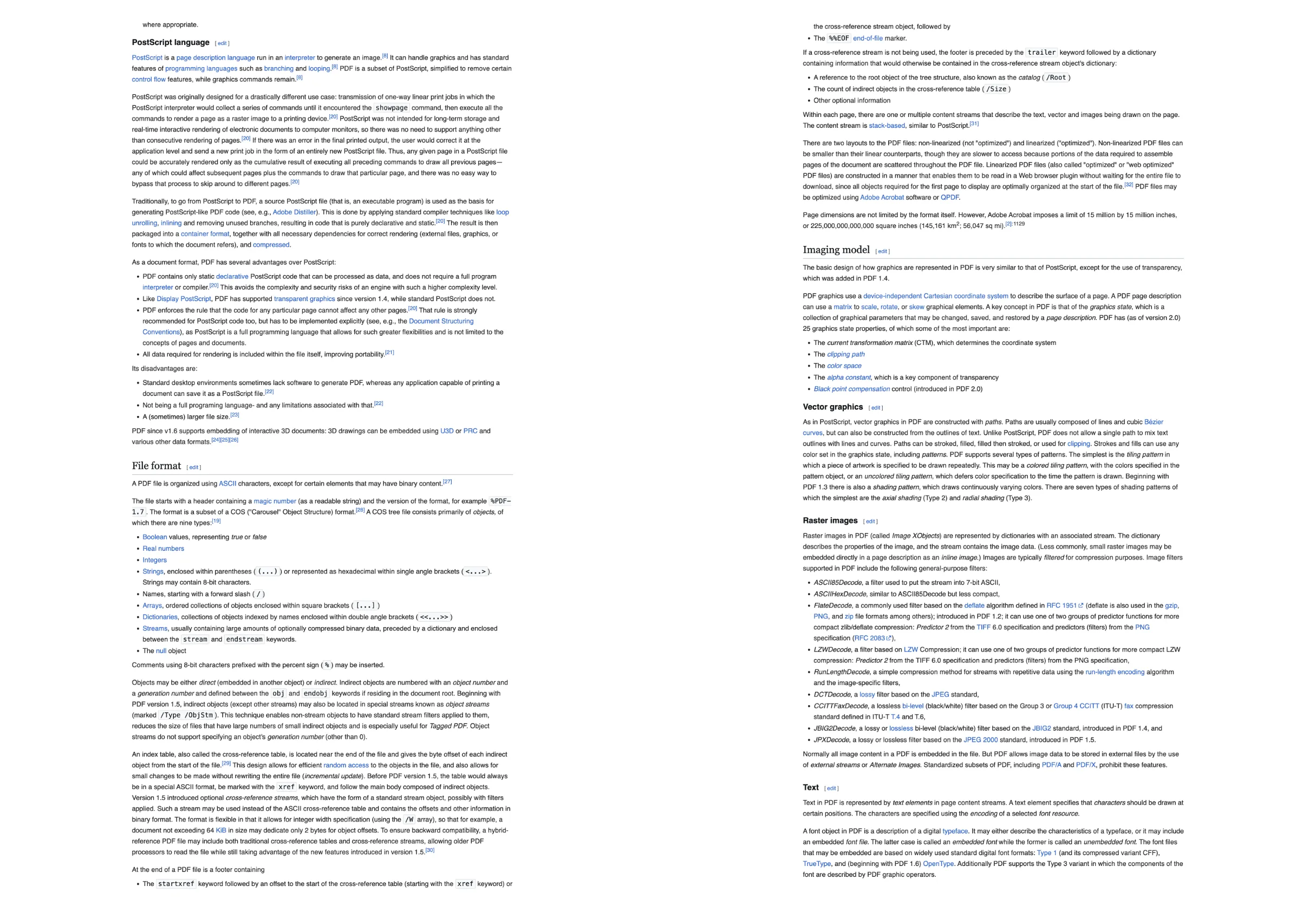 Wikipedia 문서를 확장 프로그램으로 만든 A4 PDF의 2쪽과 3쪽을 나란히 놓은 모습. 화면에서 보던 그대로이며, 각 페이지가 줄과 줄 사이의 빈 곳에서 끝납니다.