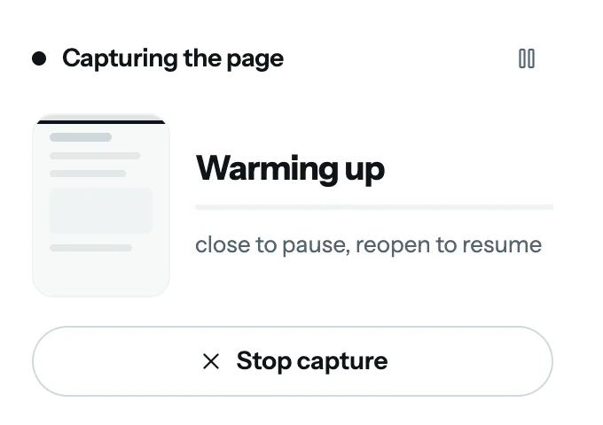 캡처를 시작할 때의 FullPage Capture 팝업. ‘Capturing the page’, Warming up이라고 적힌 진행 막대, Stop capture 버튼이 보입니다.
