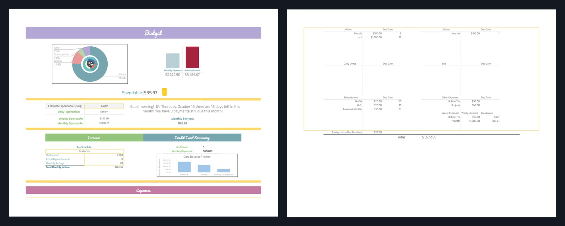 The same sheet exported as a two-page PDF and captured in Chrome as one image, shown as two strips: the budget charts, income and credit card summary, then the expenses tables.
