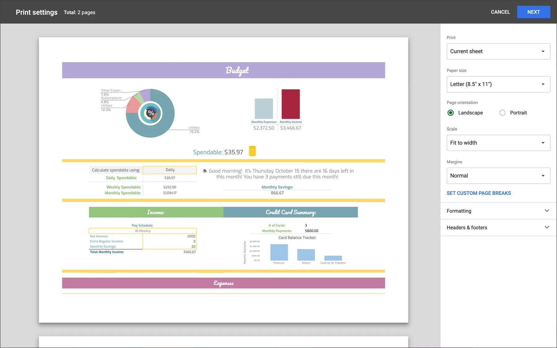 Google Sheets Print settings for a colorful budget template: a preview of the page on the left; on the right Print: Current sheet, Paper size: Letter, Landscape, Scale: Fit to width, Margins: Normal, Set custom page breaks, Formatting and Headers & footers.
