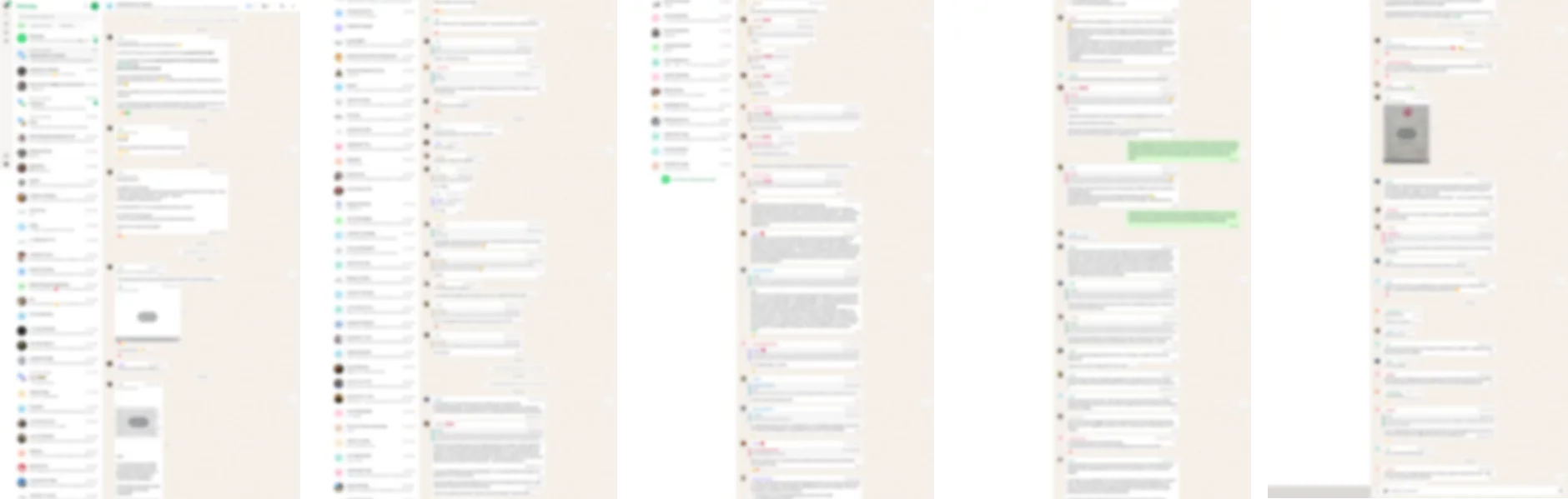 A long WhatsApp Web group chat captured in one image and cut into five strips, deliberately blurred: the chat list on the left of the first screen, then message bubbles, photos and replies all the way down.