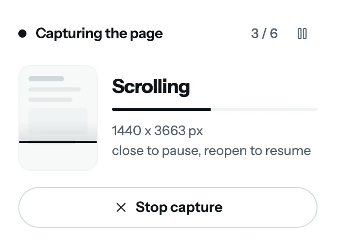 キャプチャ中の FullPage Capture のポップアップ。「Capturing the page」、6枚中3枚目、Scrolling と書かれた進行バー、ページサイズ 1440×3663 ピクセル、Stop capture ボタンが表示されている。