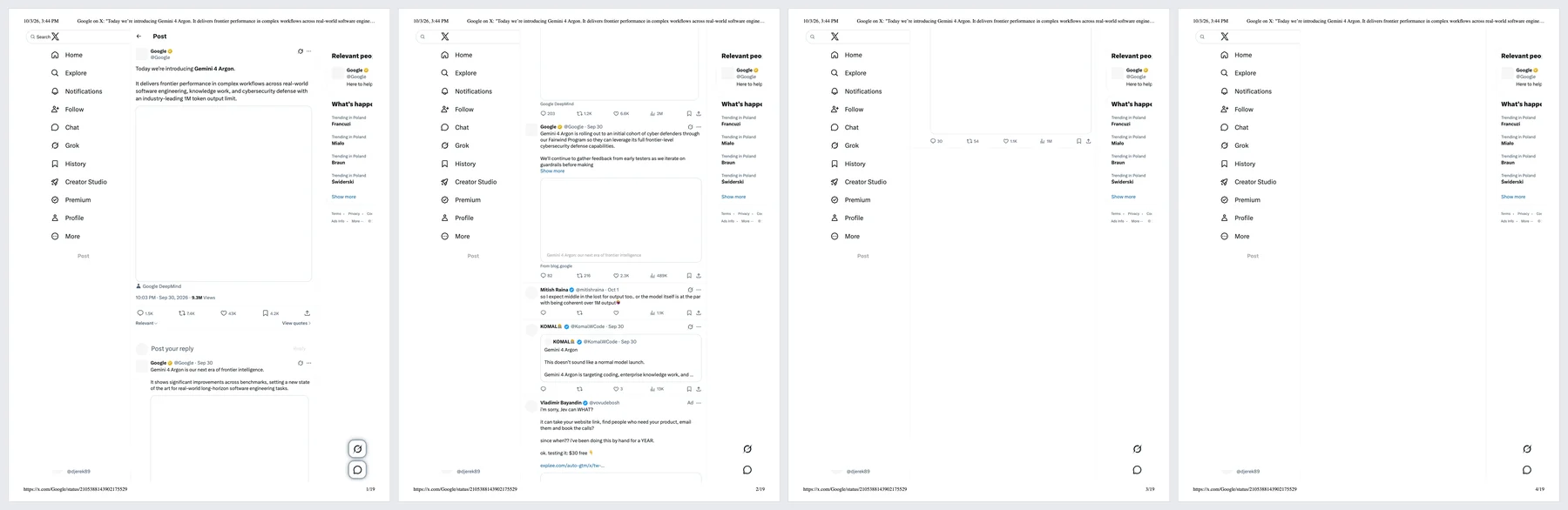 The first four pages of Chrome's Print to PDF of the X thread: the first post with an empty frame where the image was, the follow-up posts and replies, then a page with only the end of a post, and a page with nothing but the left and right menus.