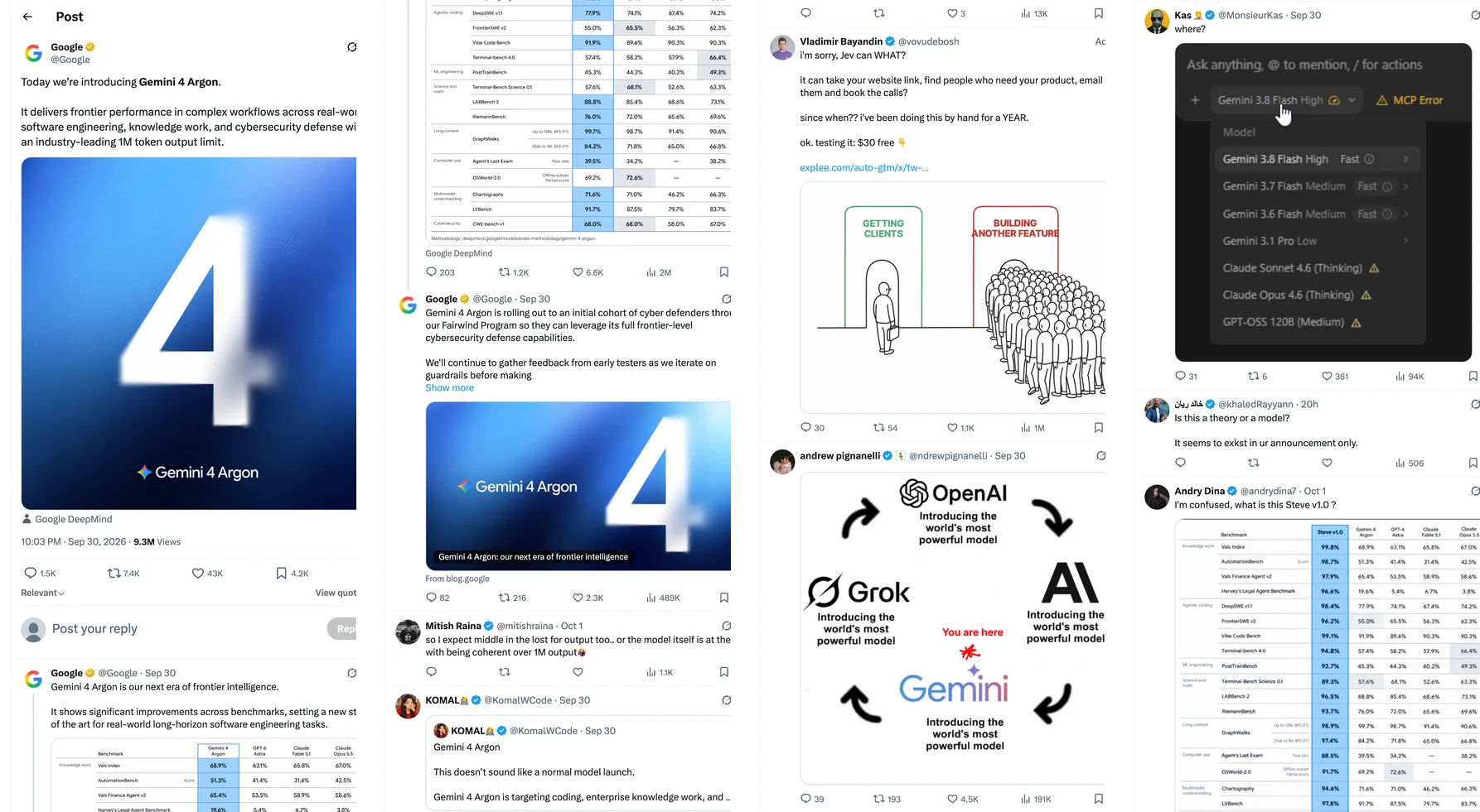 The top of a captured X thread cut into four strips: Google's post introducing Gemini 4 Argon with its image, the benchmark table, Google's follow-up posts, and the first replies with images and memes.