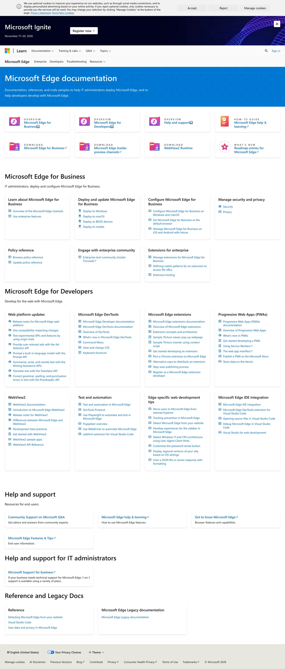 Microsoft Edge のドキュメントのページ全体を1枚の縦長の画像にしたキャプチャ。ヘッダーからフッターまで。