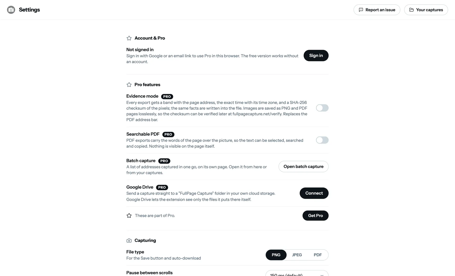 拡張機能の設定ページ（英語表示）。「Not signed in. Sign in with Google or an email link to use Pro in this browser. The free version works without an account」という表示、すべてオフの Pro のスイッチ、その下にキャプチャの設定。