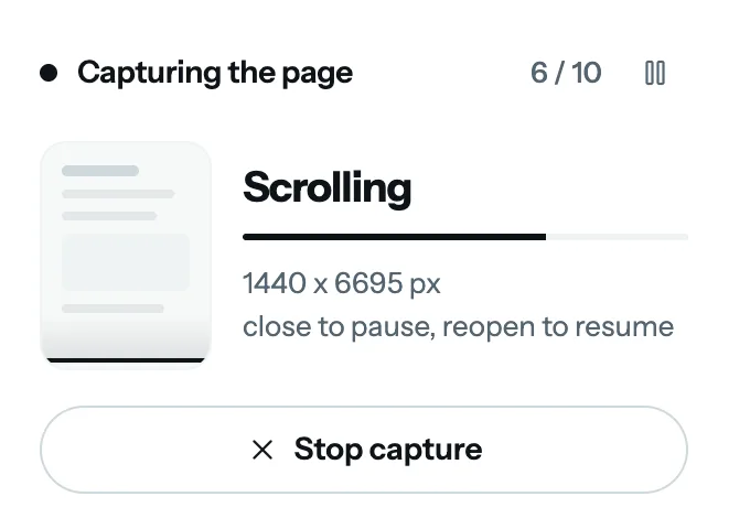 キャプチャ中の FullPage Capture のポップアップ。「Capturing the page」、Scrolling の進行バー、ページサイズ 1440×6695 ピクセル、Stop capture ボタンが表示されている。