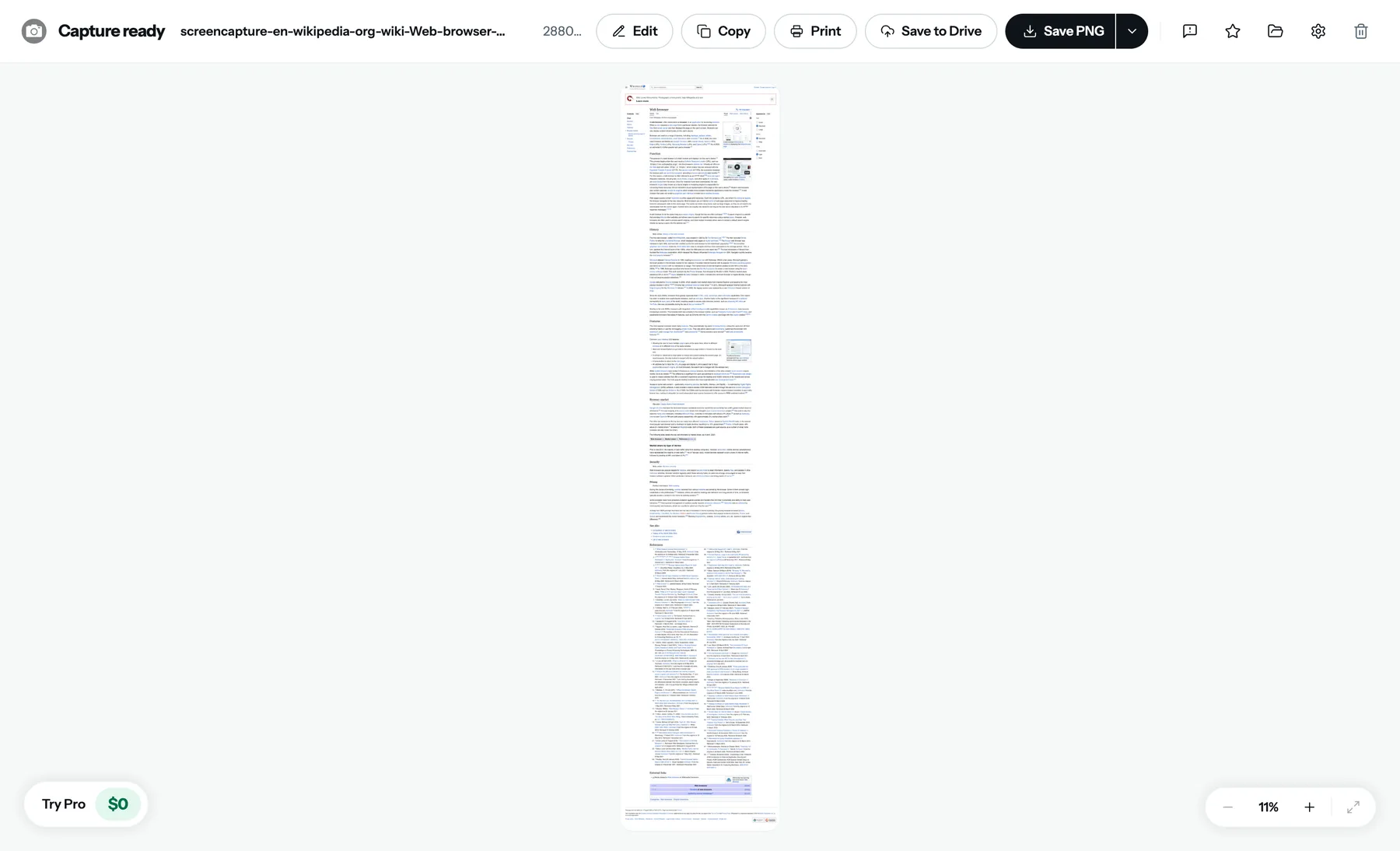 「Capture ready」と表示された FullPage Capture の結果タブ。Wikipedia の記事全体が1枚の画像で表示され、Edit、Copy、Print、Save to Drive、Save PNG のボタンがある。