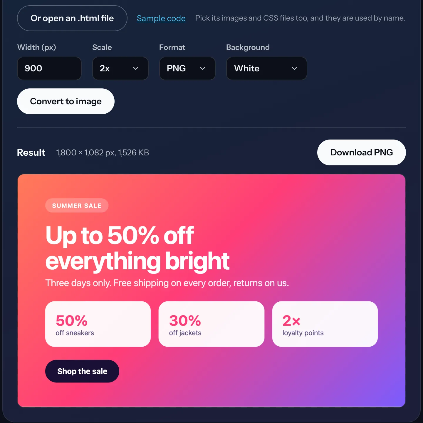 The HTML to PNG converter with the code of a pink-to-purple sale banner in the box, width 900, scale 2x, PNG, and the result under it: a 1,800 by 1,082 pixel image of the banner with a Download PNG button.