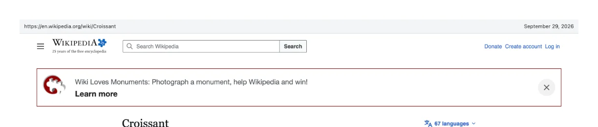 PDF の1ページ目の上部。左にアドレス en.wikipedia.org/wiki/Croissant、右に日付 September 29, 2026 が入った細いバーが、ページ自体のヘッダーの上にある。