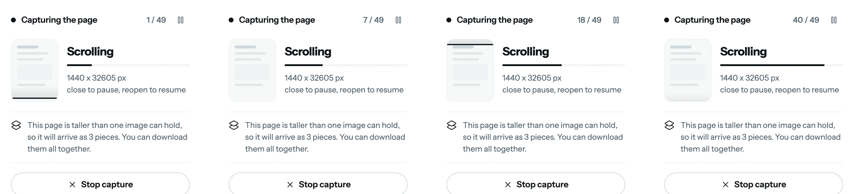 同じキャプチャ中の FullPage Capture のポップアップを4コマ並べたもの。「Capturing the page」が49枚中1、7、18、40枚目のところで、それぞれ Scrolling の進行バー、ページサイズ 1440×32605 ピクセル、ページが3つに分かれて届くという注意が表示されている。